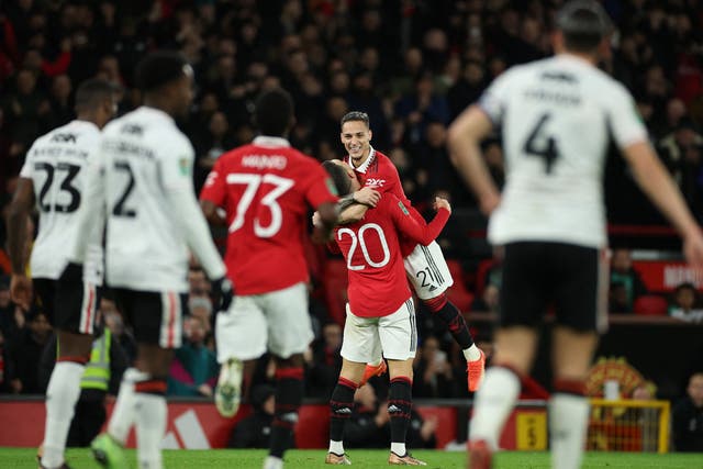 <p>Antony celebrates scoring Manchester United’s opening goal</p>