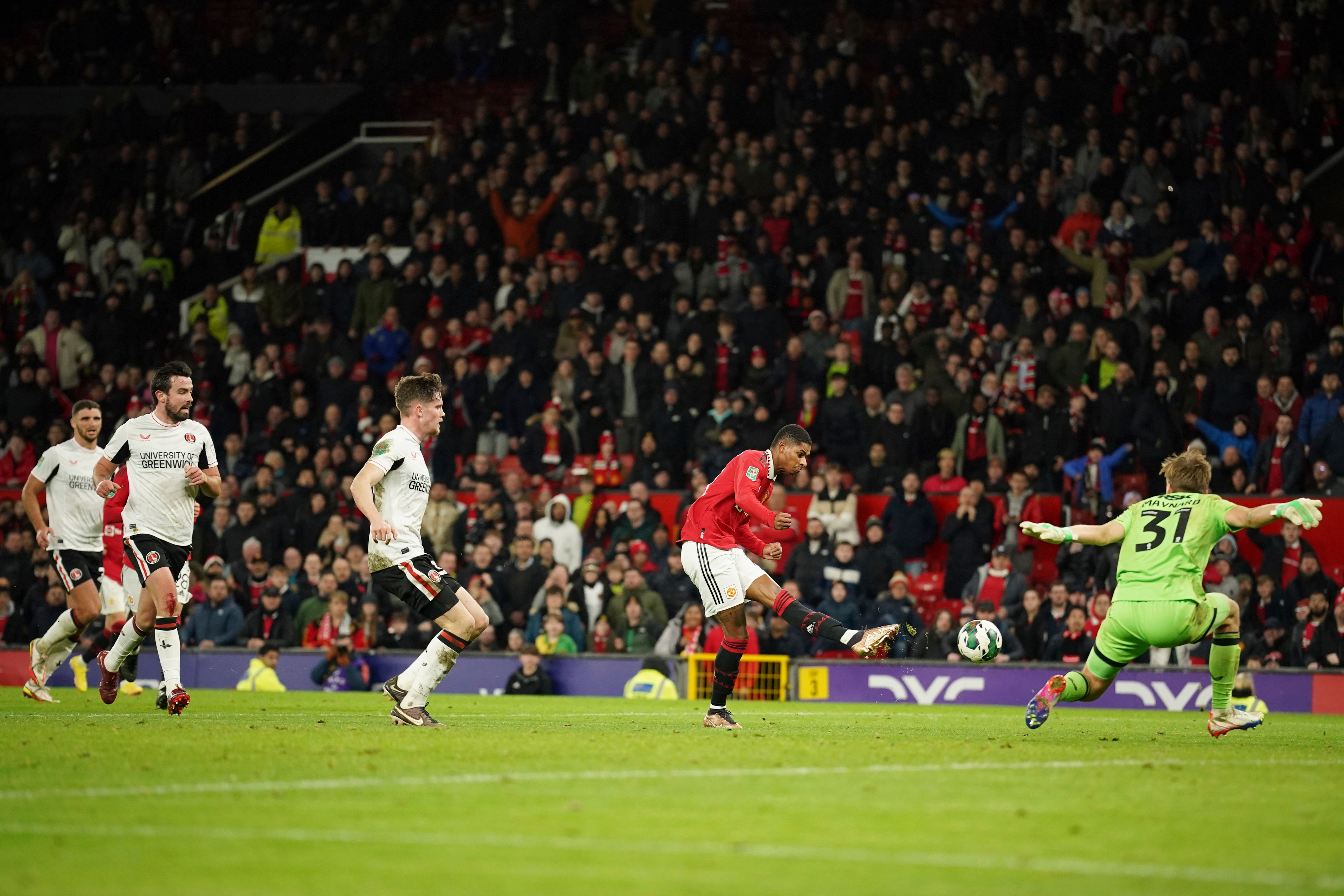 Marcus Rashford scores United’s third goal of the game