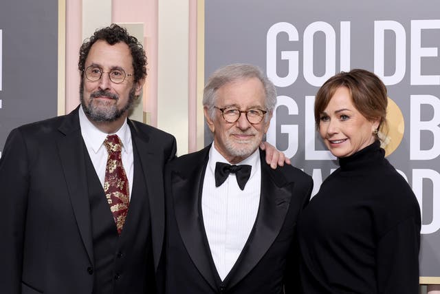 <p>Tony Kushner, Steven Spielberg, and Kristie Macosko Krieger attend the 80th Annual Golden Globe Awards at The Beverly Hilton on January 10, 2023 in Beverly Hills, California. (Photo by Amy Sussman/Getty Images)</p>