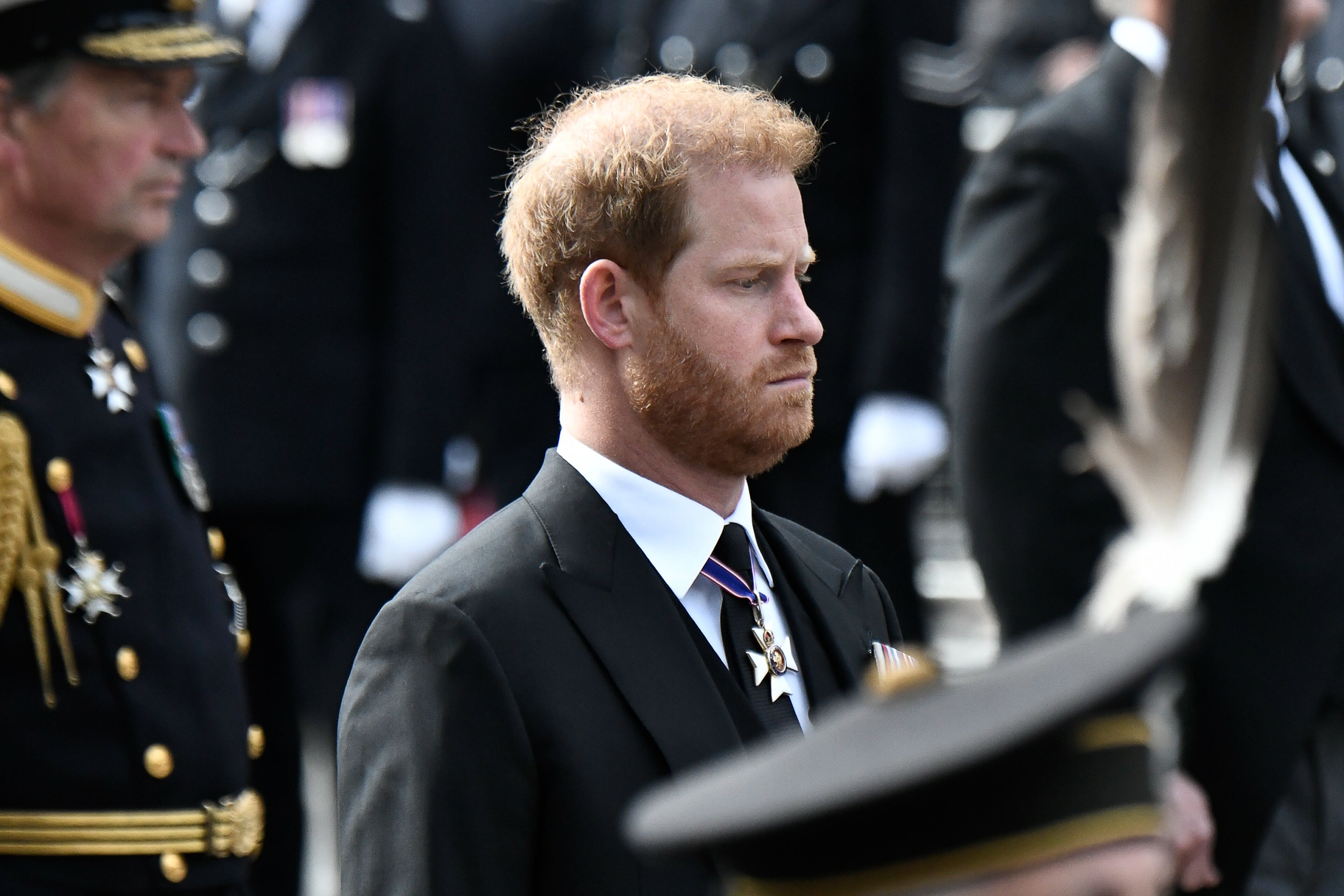 The Duke of Sussex follows the coffin of Queen Elizabeth II during the Ceremonial Procession for the State Funeral of Queen Elizabeth II, held at Westminster Abbey, London. Picture date: Monday September 19, 2022.