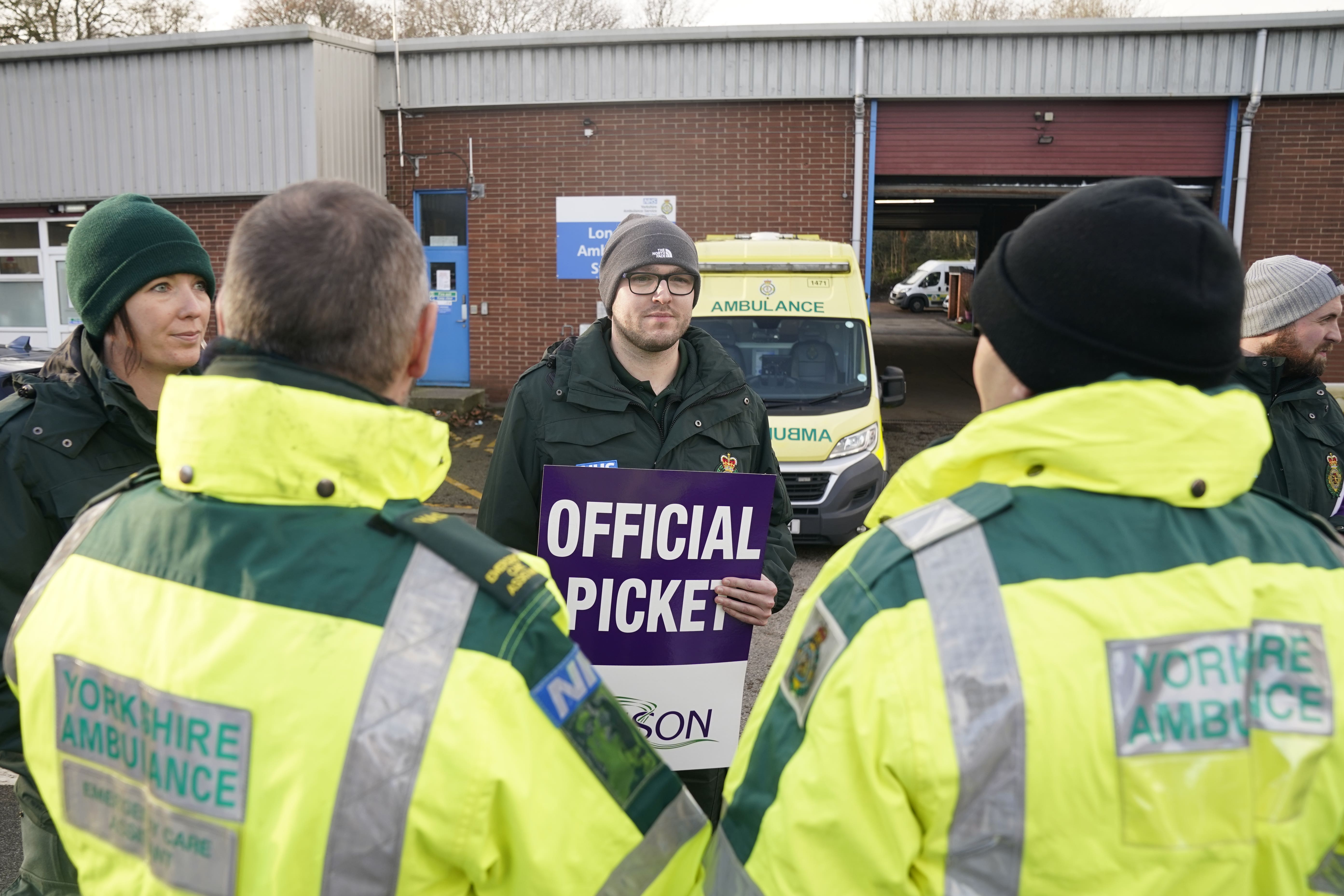 Ambulance workers on the picket line outside Longley ambulance station in Sheffield (Danny Lawson/PA)