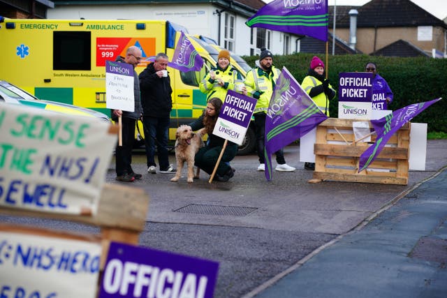 Ambulance workers on the picket line outside Soundwell Ambulance Station in Bristol (Ben Birchall/PA)