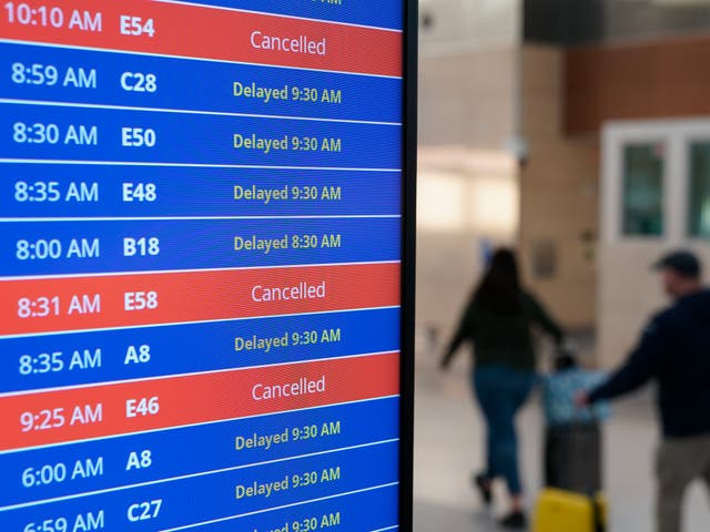 <p>A video board shows flight delays and cancellations at Ronald Reagan Washington National Airport in Arlington, Virgina, on Wednesday 11 January 2023</p>