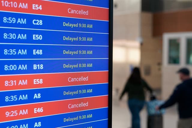 <p>A video board shows flight delays and cancellations at Ronald Reagan Washington National Airport in Arlington, Virgina, on Wednesday 11 January 2023</p>