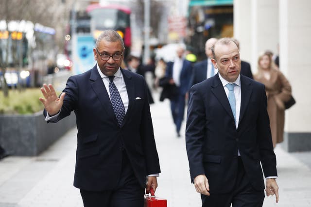 Foreign Secretary James Cleverly, left, with Northern Ireland Secretary Chris Heaton-Harris before a meeting with political members of the Democratic Unionist Party, Ulster Unionist Party and Alliance at government buildings in Belfast city centre to discuss the impact of the Northern Ireland Protocol (Peter Morrison/PA)