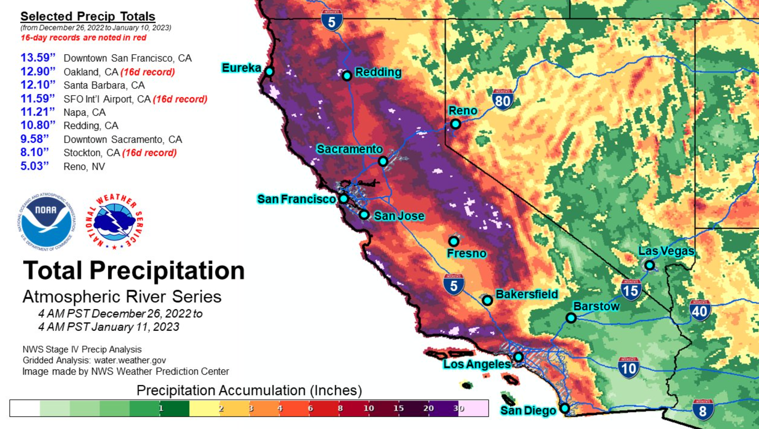 Large parts of central California have received over half their annual rainfall in the past 16 days