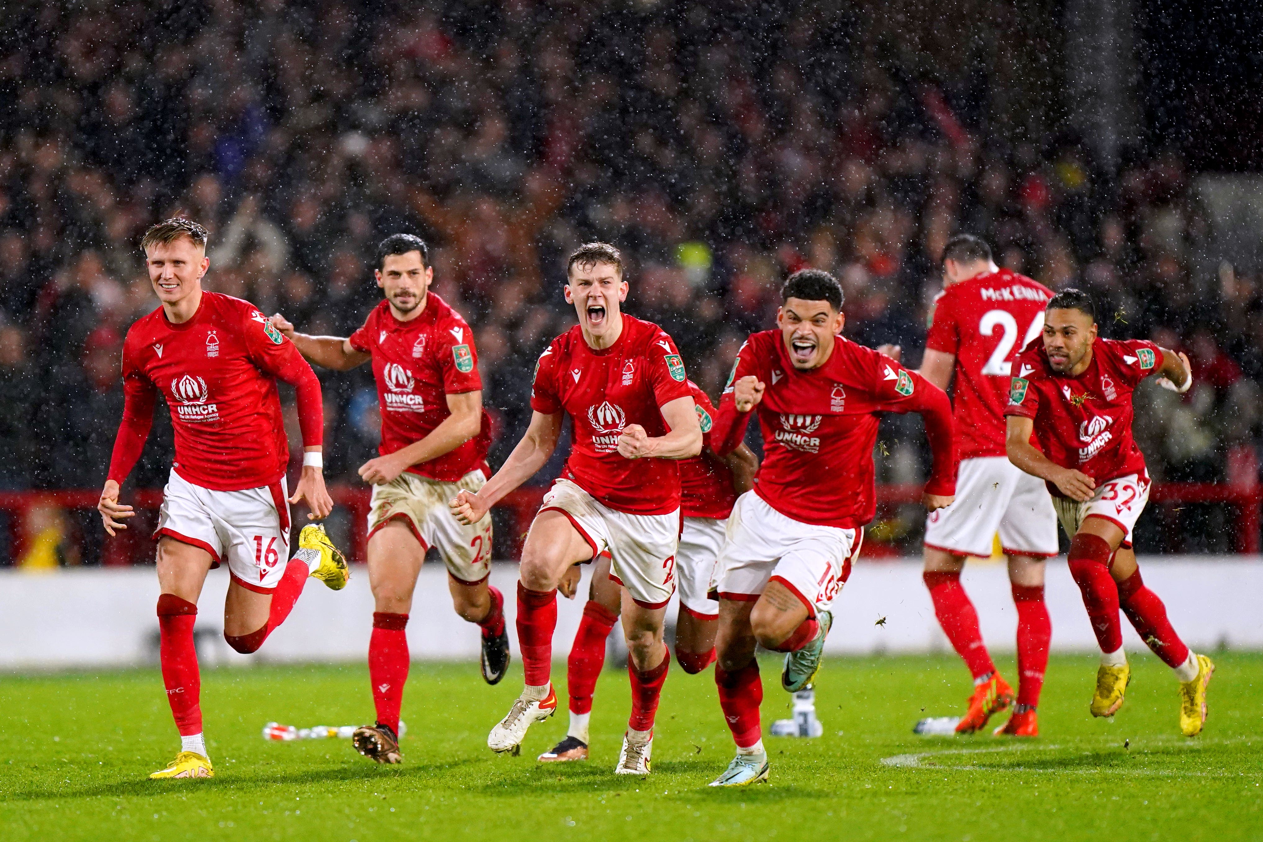 Nottingham Forest players celebrate after winning the penalty shoot-out against Wolves (Tim Goode/PA)