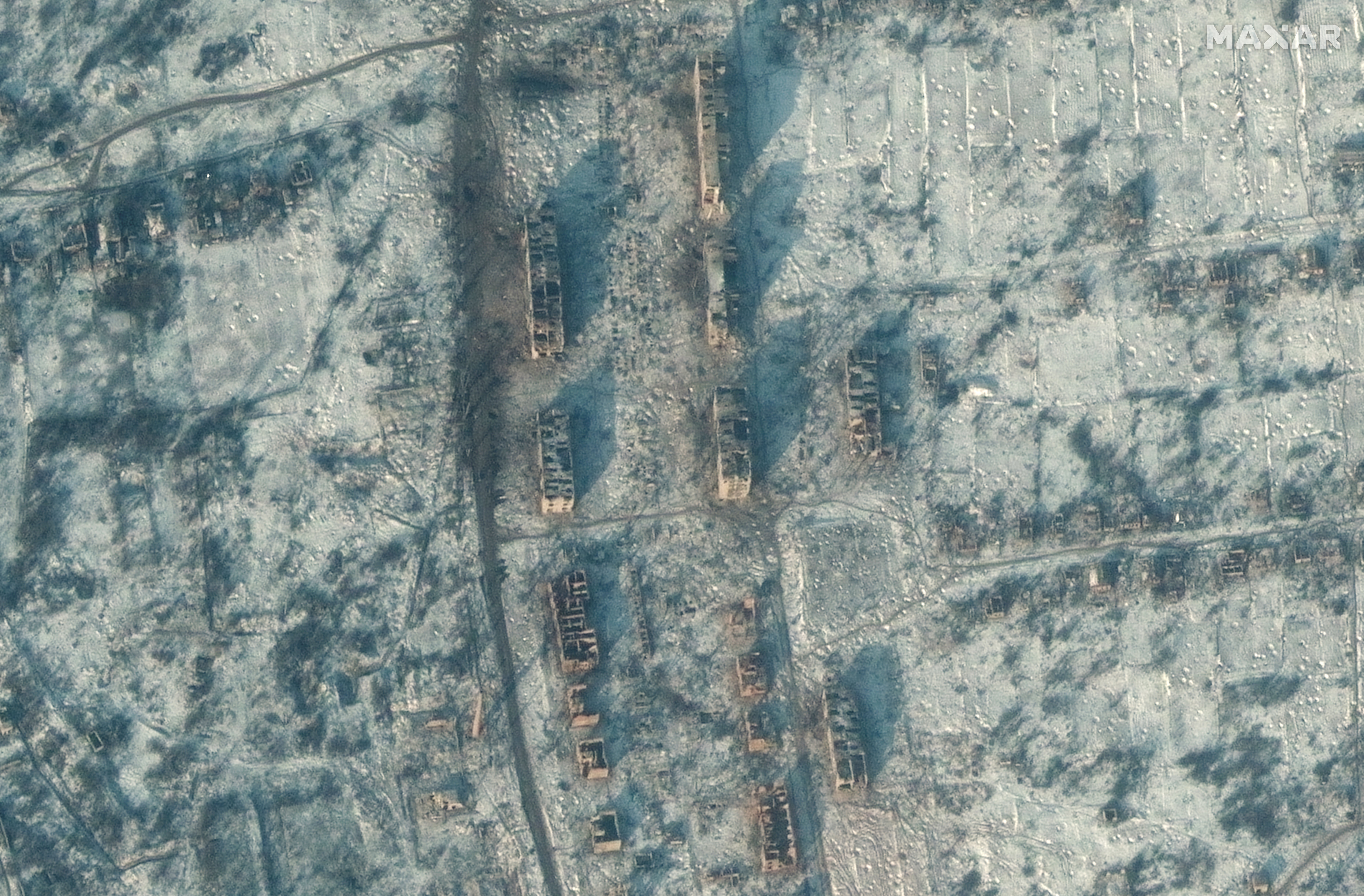 Destroyed apartment buildings and homes in Soledar in Ukraine on Tuesday