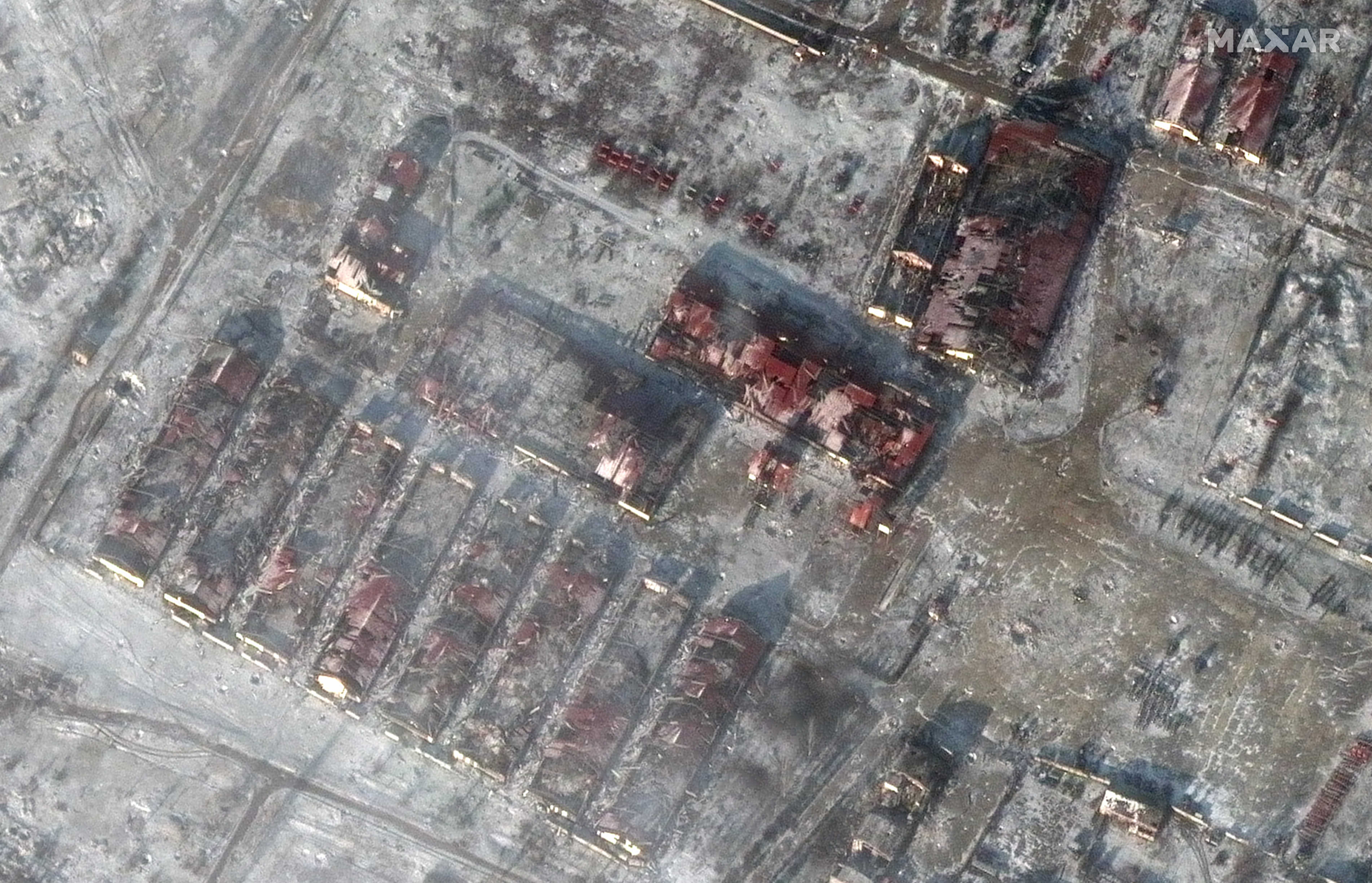 Destroyed agricultural warehouse buildings seen in Yakovlivka on 10 January