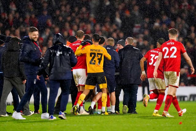 There was a mass brawl between Nottingham Forest and Wolves after the Carabao Cup quarter-final (Tim Goode/PA)