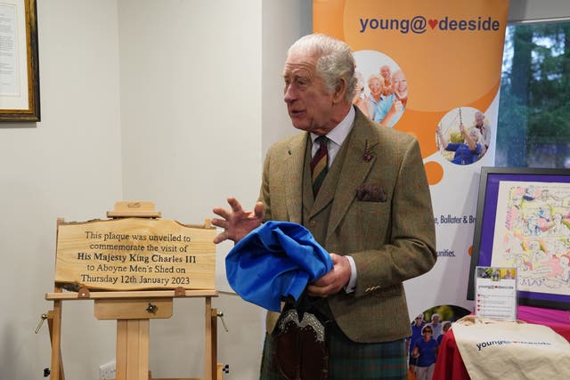 Charles visited the Aboyne and Mid Deeside Community Shed in Aboyne, Aberdeenshire, on Thursday (Andrew Milligan/PA)