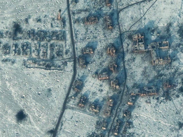 <p>Ruined buildings dot a bomb-scarred terrain in Soledar, in a satellite image taken on Tuesday</p>