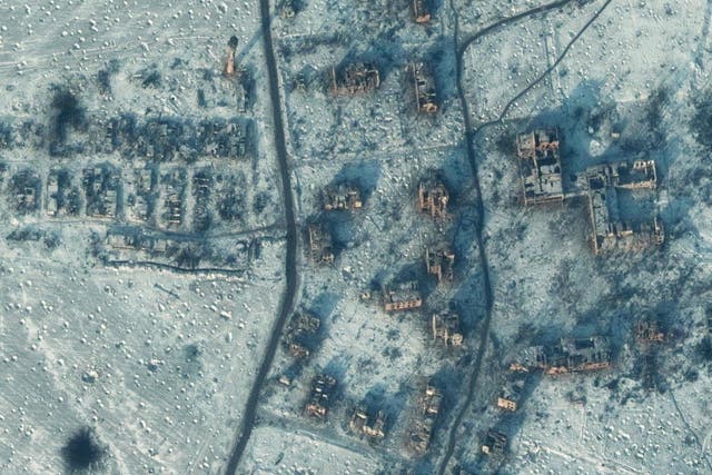 <p>Ruined buildings dot a bomb-scarred terrain in Soledar, in a satellite image taken on Tuesday</p>