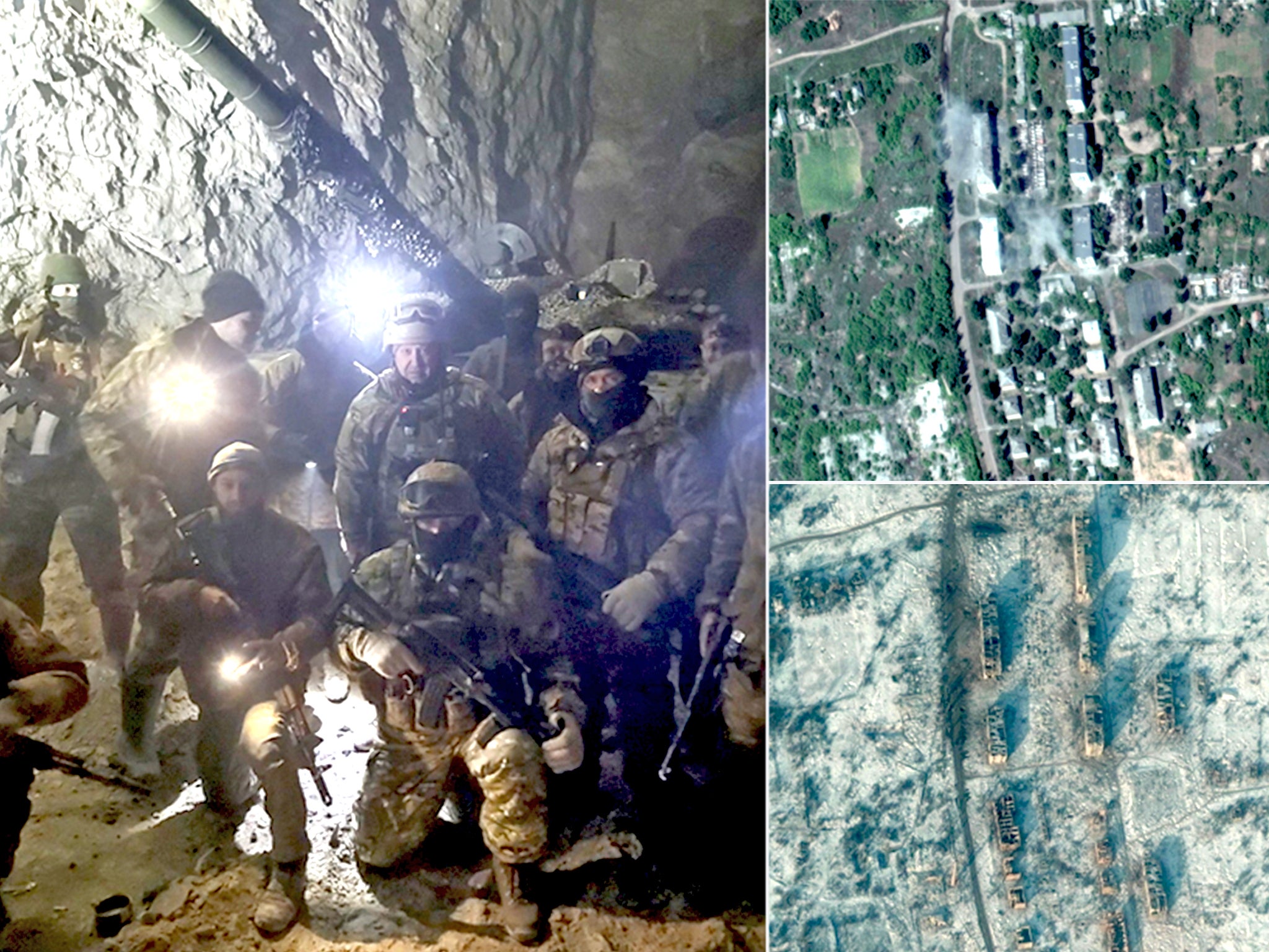 Wagner troops and the mercenary group’s chief Yevgeny Prigozhin, alongside a satellite image of the destruction wrought on Soledar