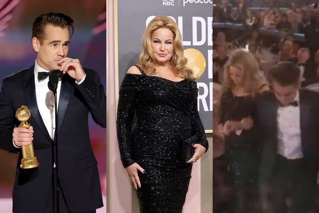 <p>Colin Farrell offers his arm to Jennifer Coolidge at 2023 Golden Globes</p>