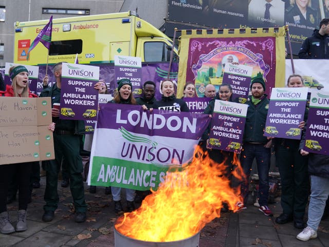 <p>Ambulance workers on the picket line outside Waterloo ambulance station</p>