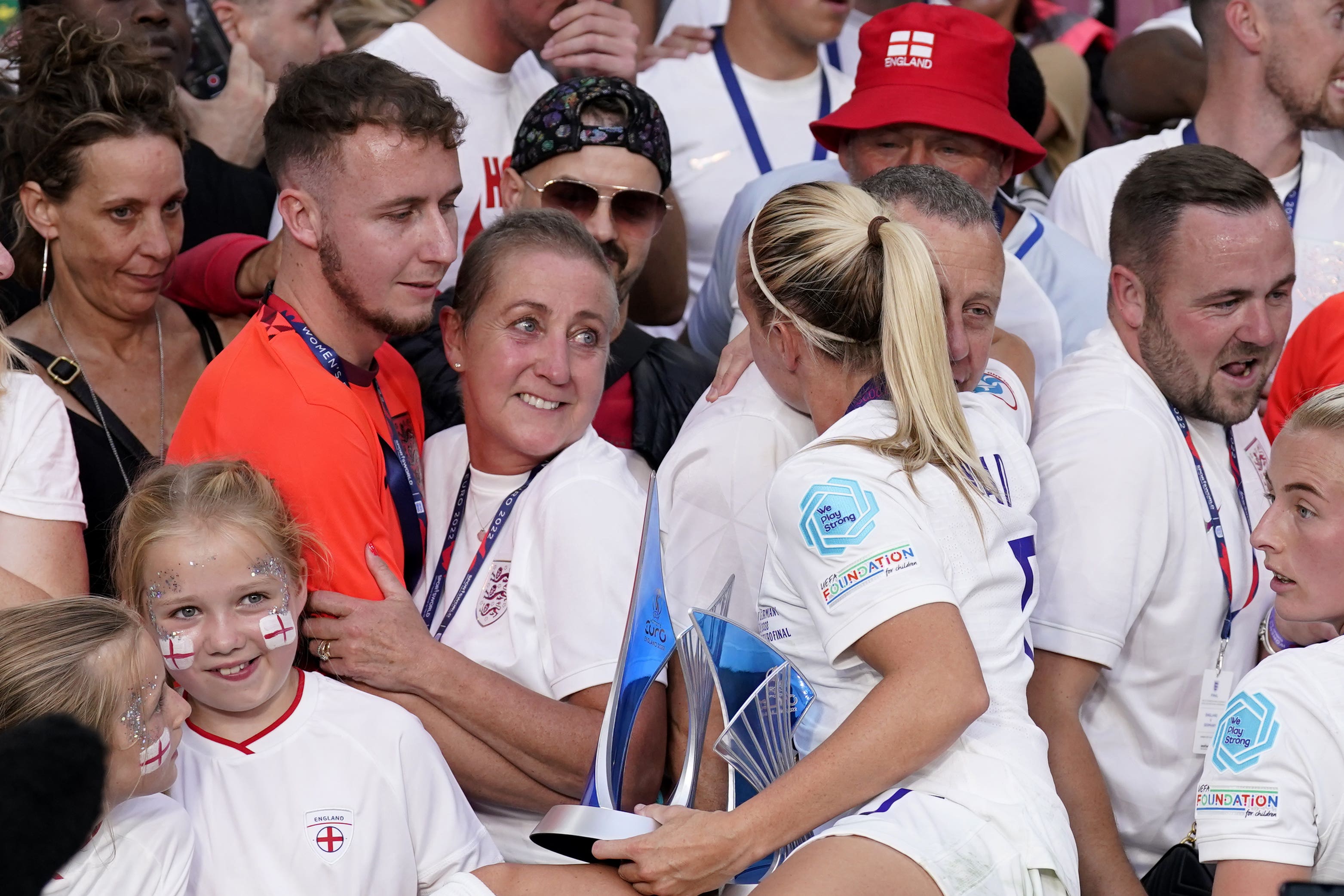 England’s Beth Mead celebrates with friends and family in the stands following the UEFA Women’s Euro 2022 final at Wembley Stadium, London. Picture date: Sunday July 31, 2022.