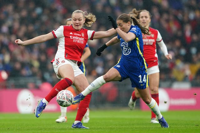 Arsenal’s Frida Maanum (left) and Chelsea’s Fran Kirby in action during the Women’s FA Cup final last May (Zac Goodwin/PA).