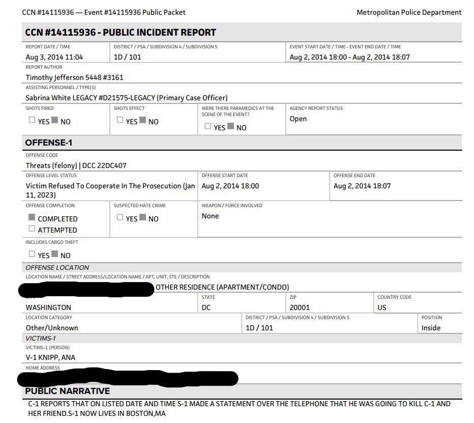 A police report from the Metropolitan Police Department in Washington DC shows Ana Walshe (nee Knipp) claimed her husband had threatened to kill her