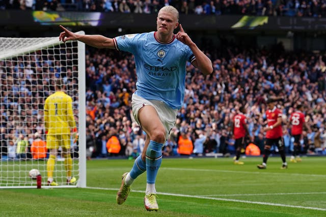 Erling Haaland fired a hat-trick when Manchester City trounced Manchester United 6-3 in October (Martin Rickett/PA)