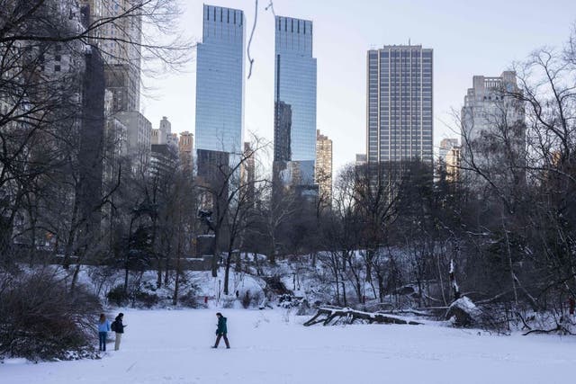 <p>People walk on a frozen lake after snowfall in Central Park, New York City on January 30, 2022</p>