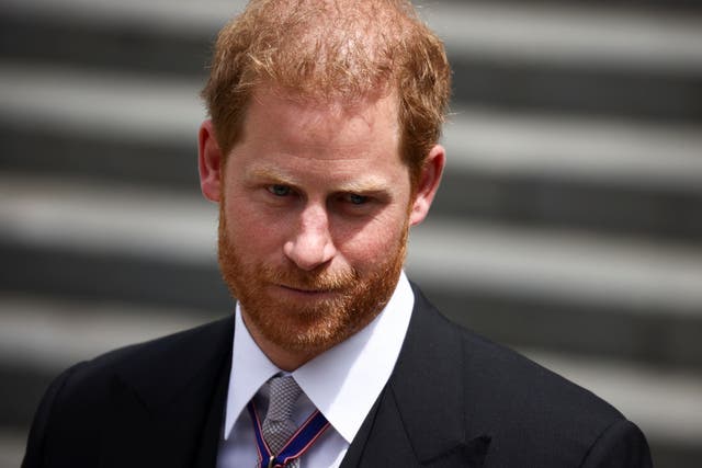 <p>Prince Harry, Duke of Sussex departs after the National Service of Thanksgiving to Celebrate the Platinum Jubilee of Her Majesty The Queen at St Paul's Cathedral on June 3, 2022</p>