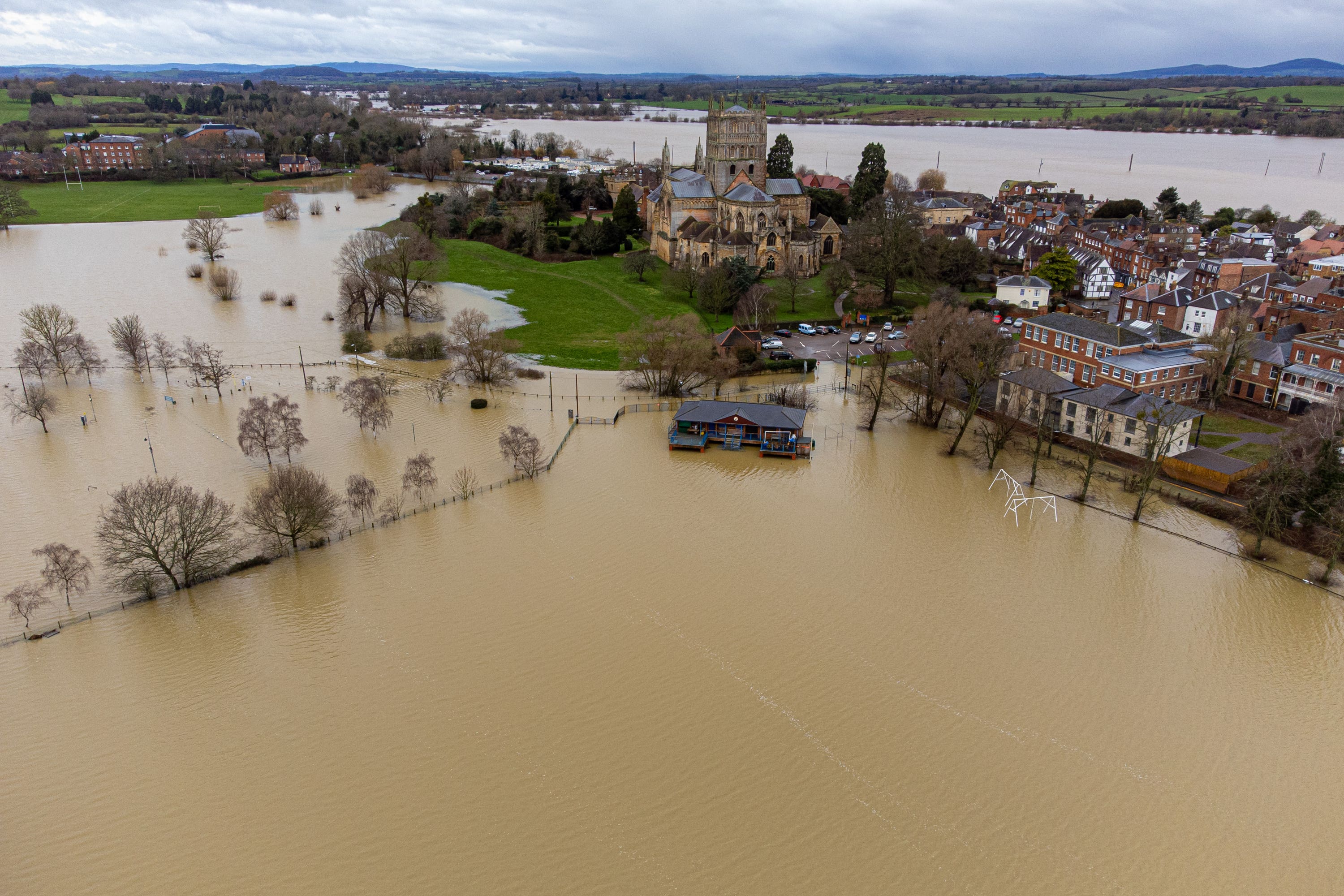 Flooding around Tewkesbury Abbey, in Gloucestershire (PA)