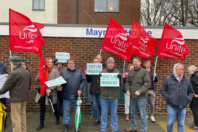 Protesters outside Grant Shapps’s constituency office in Welwyn Garden City in London (Danny Halpin/PA)