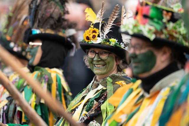 The Bourne Borderers morris dancers perform during the Whittlesea Straw Bear Festival in Whittlesey, Cambridgeshire (Joe Giddens/PA)