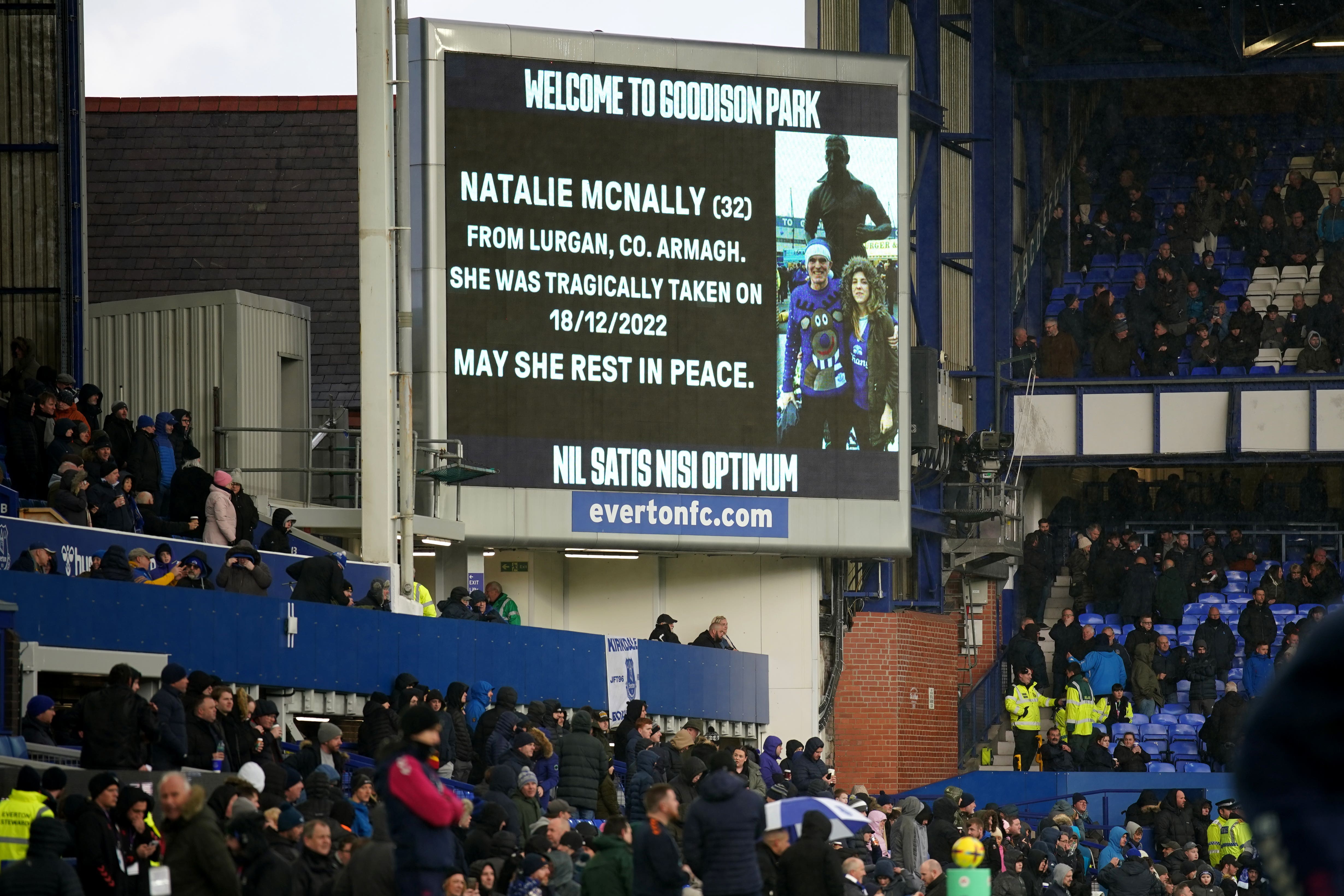 A tribute in memory of Natalie McNally is displayed prior to the Premier League match between Everton and Southampton at Goodison Park (Peter Byrne/PA)
