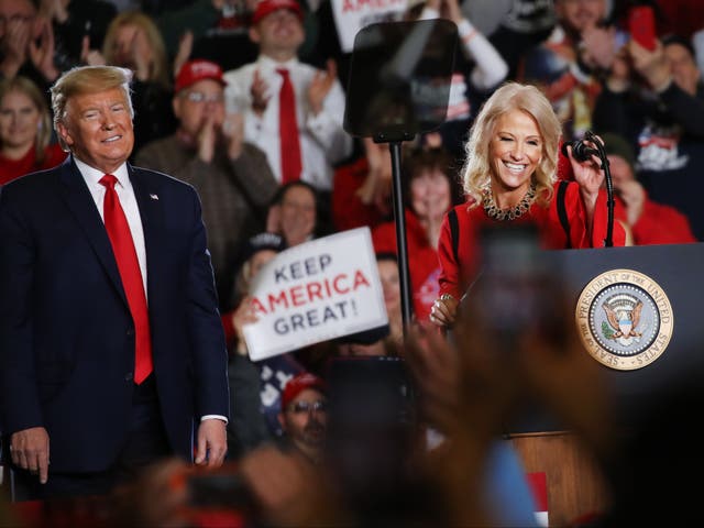 <p>Kellyanne Conway joins President Donald Trump at a Keep America Great Rally on January 28, 2020 in Wildwood, New Jersey</p>