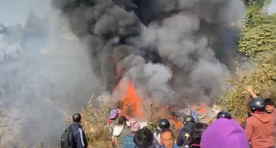 A screengrab taken from a video purportedly of the incident shows part of the aircraft on fire