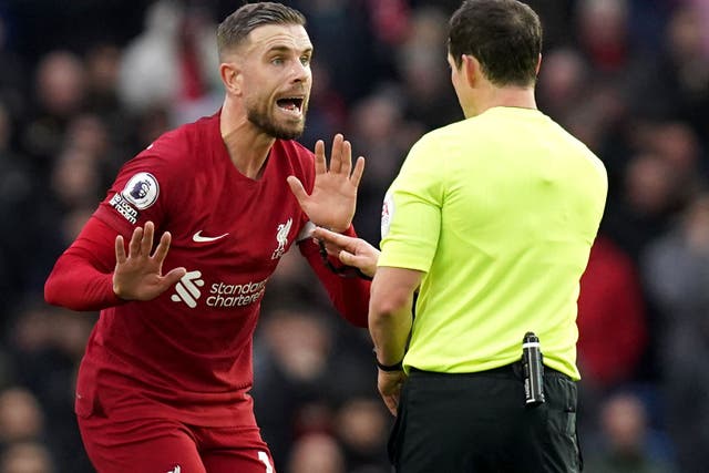 Jordan Henderson and Liverpool endured a difficult day at the Amex Stadium (Gareth Fuller/PA)