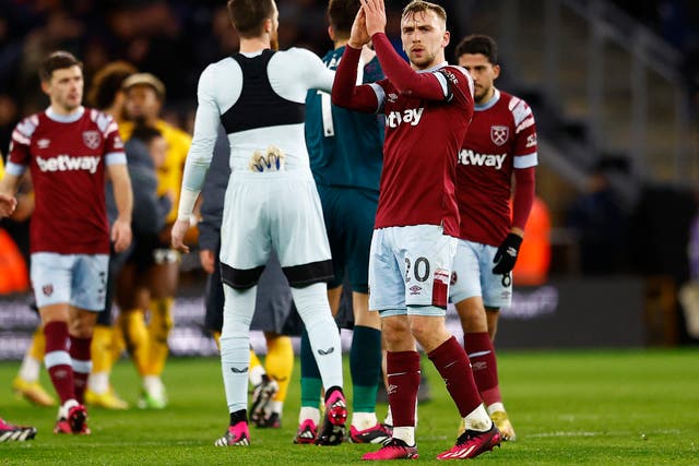 <p>West Ham players after the full-time whistle at Wolves</p>
