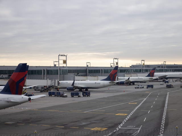 <p>Grounded Delta Airlines planes are parked at gates at John F. Kennedy International Airport on January 11, 2023, in New York</p>