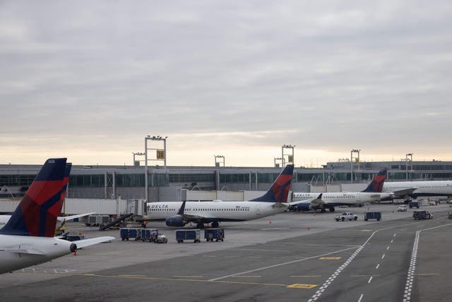 <p>Grounded Delta Airlines planes are parked at gates at John F. Kennedy International Airport on January 11, 2023, in New York</p>