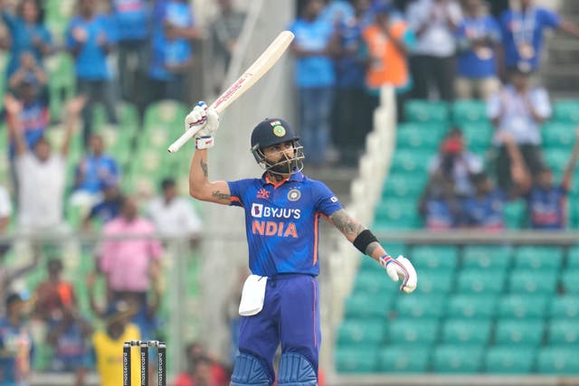 Virat Kohli celebrated 150 runs in India’s record ODI victory over Sri Lanka (Aijaz Rahi/AP)