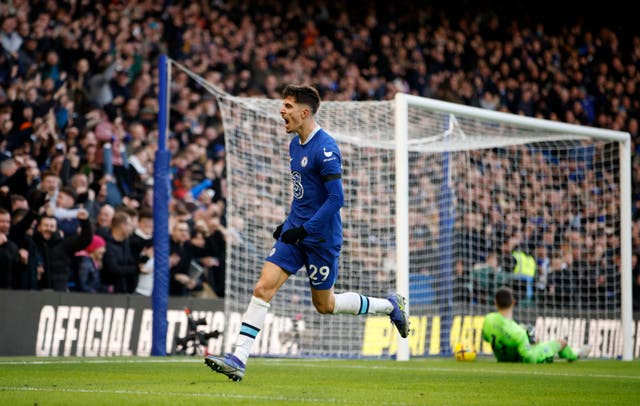 <p>Kai Havertz celebrates putting Chelsea in front at Stamford Bridge</p>