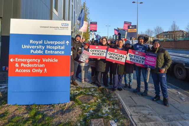 Members of the Royal College of Nursing on the picket line outside the Royal Liverpool University Hospital (Peter Powell/PA)