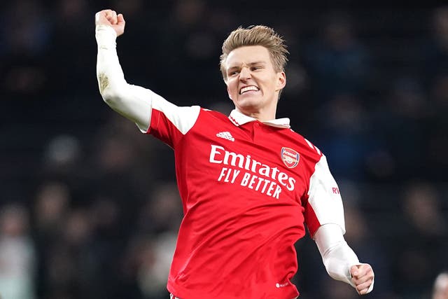 Arsenal captain Martin Odegaard, scorer of the team’s second goal, celebrates after the 2-0 win at Tottenham (Nick Potts/PA)