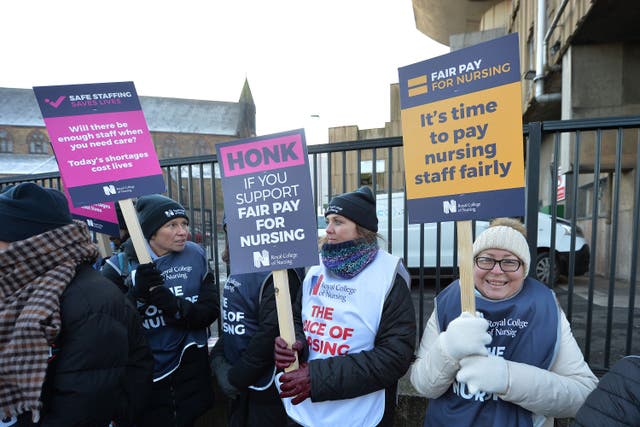 Members of the Royal College of Nursing (RCN) on the picket line outside the Royal Liverpool University Hospital in Liverpool as nurses in England, Wales and Northern Ireland take industrial action over pay (PA)