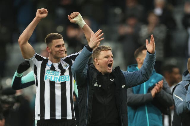 <p>Newcastle United’s Sven Botman and manager Eddie Howe celebrate</p>