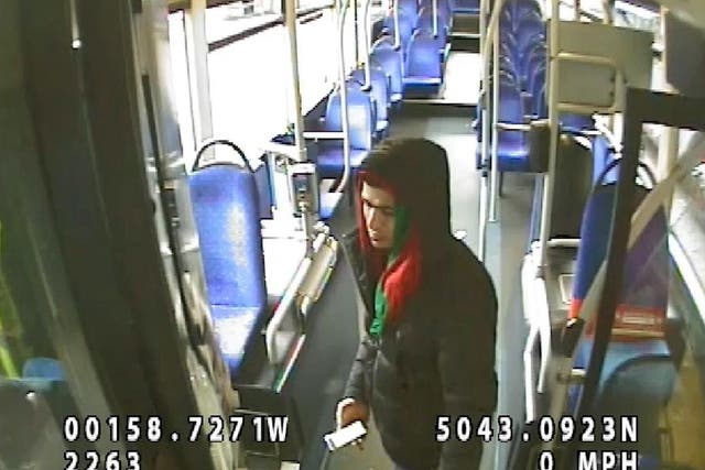 Screenshot taken with permission from a Dorset Police video that was shown to the jury, showing Lawangeen Abdulrahimzai, on a bus in Bournemouth. Mr Abdulrahimzai, is on trial at Salisbury Crown Court, charged with the murder of 21-year-old Thomas Roberts outside a Subway sandwich shop (Dorset Police/PA)