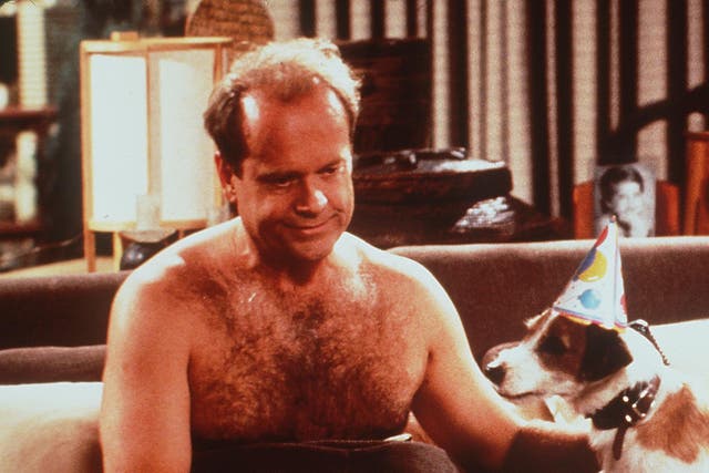 <p>Ruff night: Kelsey Grammer as Frasier Crane and Moose the dog as Eddie in an episode of the classic sitcom ‘Frasier’ </p>