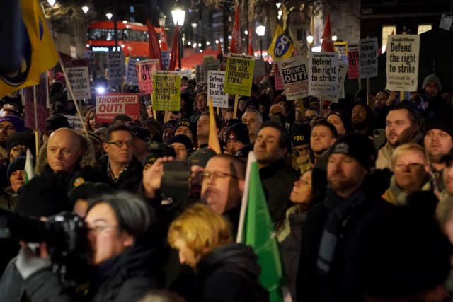 Protesters outside the Houses of Parliament in London as the Bill on minimum service levels during strikes reaches its second reading (Kirsty O’Connor/PA)