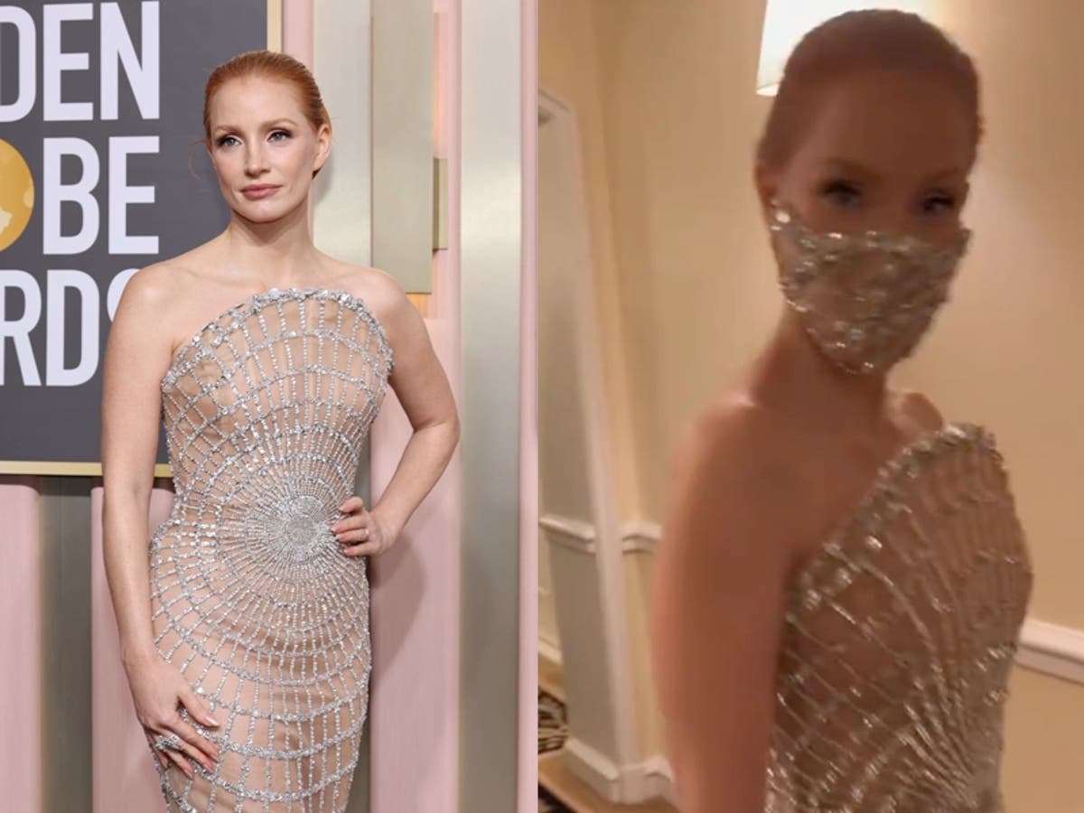 Mask-wearing Jessica Chastain celebrates not getting Covid at Golden Globes
