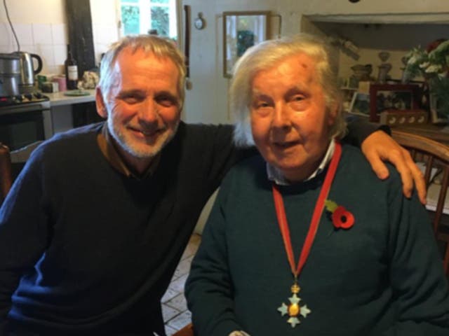 <p>Ronald Blythe, pictured with Ian Collins, is wearing his CBE which he was awarded in 2017 for services to literature </p>