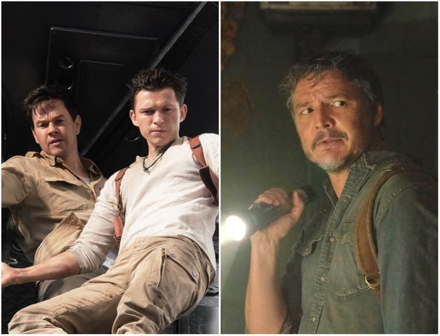 <p>Mark Wahlberg and Tom Holland in ‘Uncharted’ (left) and Pedro Pascal in ‘The Last of Us’</p>