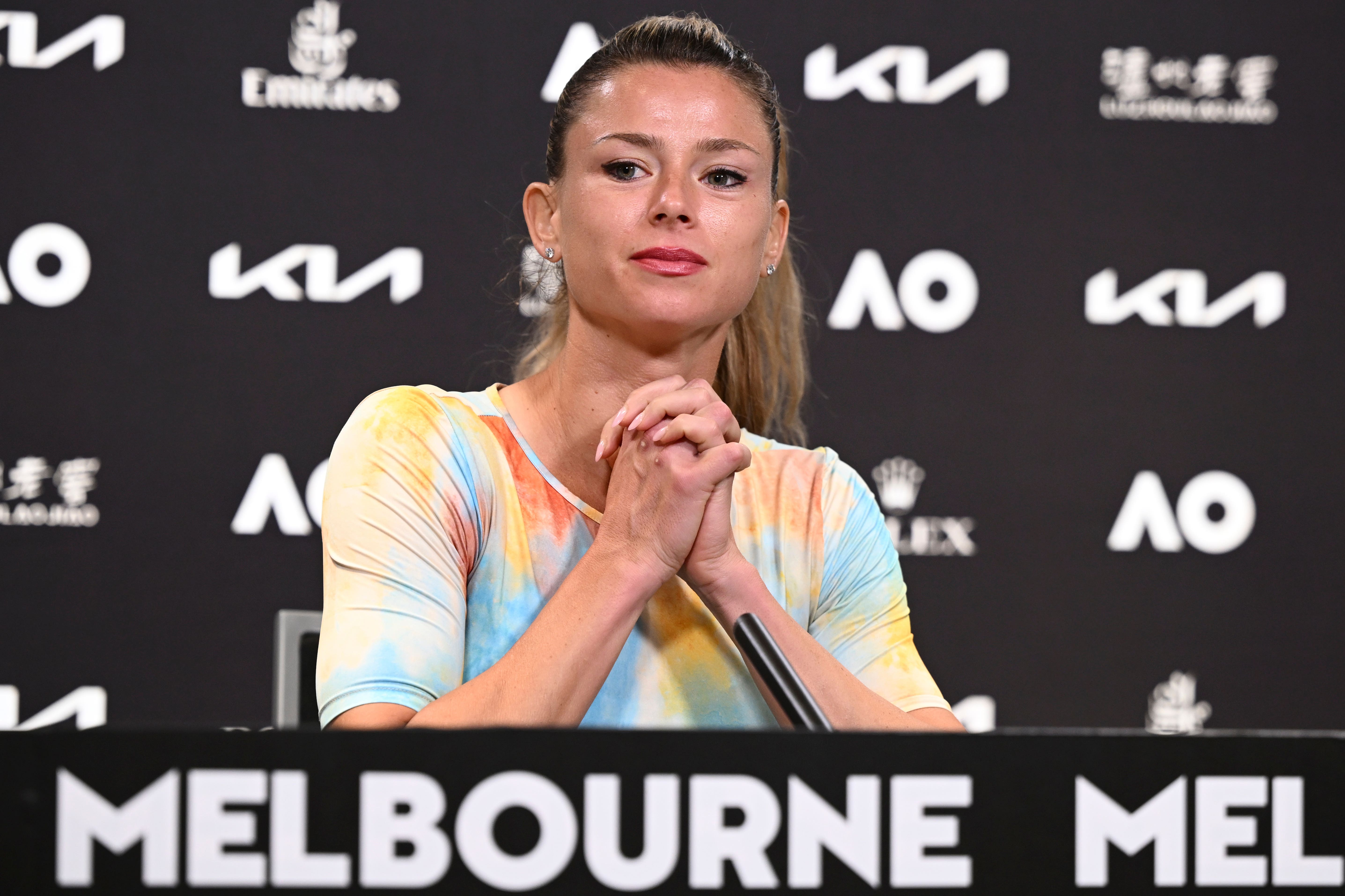 Camila Giorgi answered questions about her vaccination status in a press conference at Melbourne Park (Vince Caligiuri/Tennis Australia/AP)