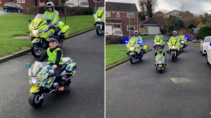 Young boy leads police patrol on electric motorbike he was given for Christmas